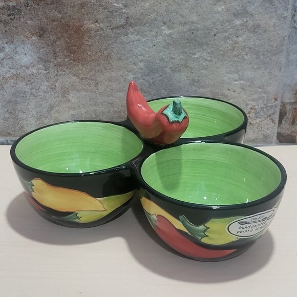 Clay Art Condiment Dish 3 Section Bowl Relish Chili Pepper Jalapeno Center - Picture 6 of 11